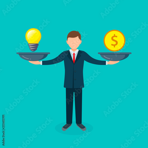 Man balances Light Bulb Idea vs Money on scales concept. Vector flat design business illustration