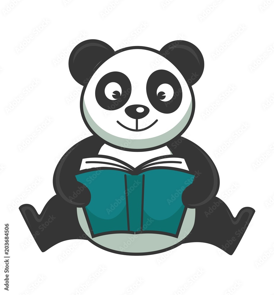 Naklejka premium Cute panda bear sits and reads book in hardcover