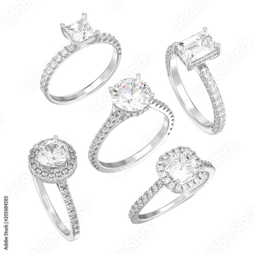 3D illustration isolated five different silver decorative diamond rings photo