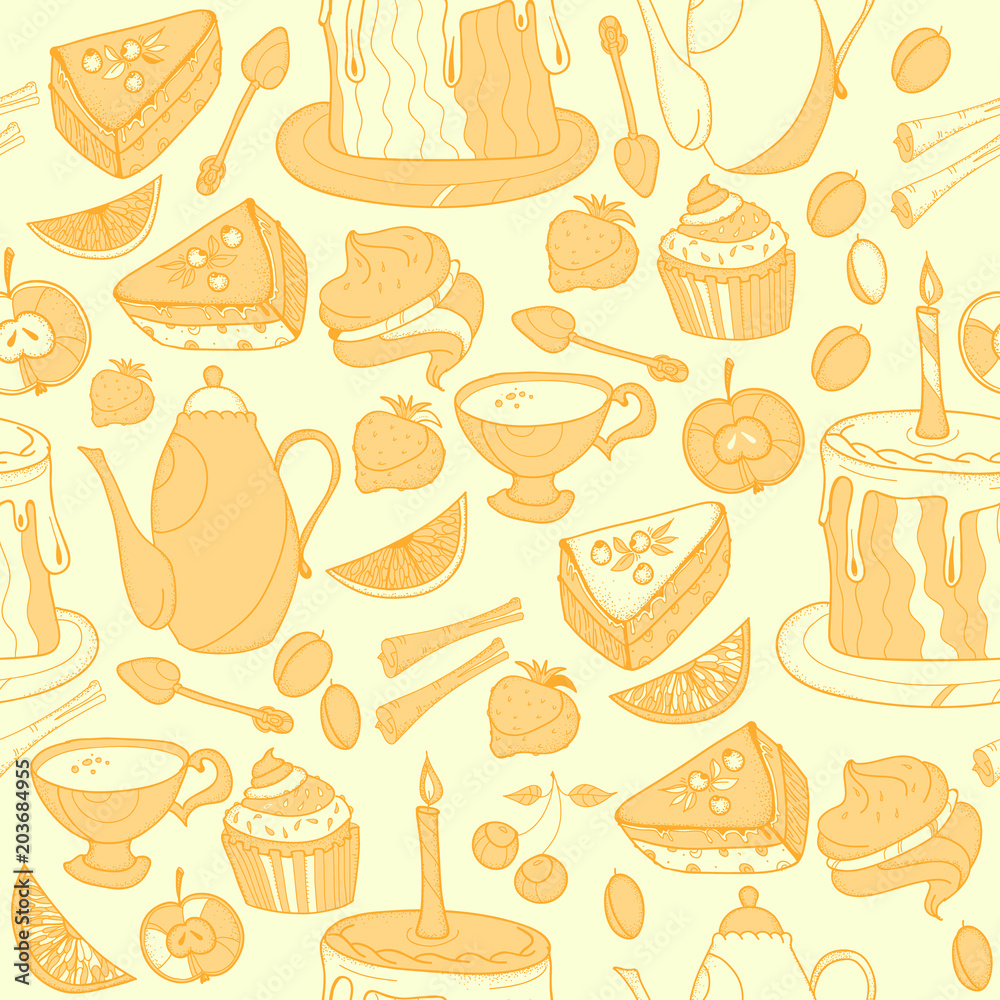 Seamless tea background with cakes, teapots, cups, candies. Time for tea hand drawn art