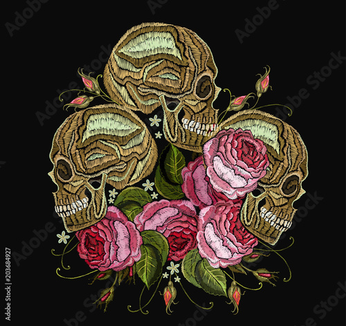 Embroidery three skulls and flowers. Fashion template for clothes, textiles, t-shirt design. Gothic romantic embroidery human skulls and red roses