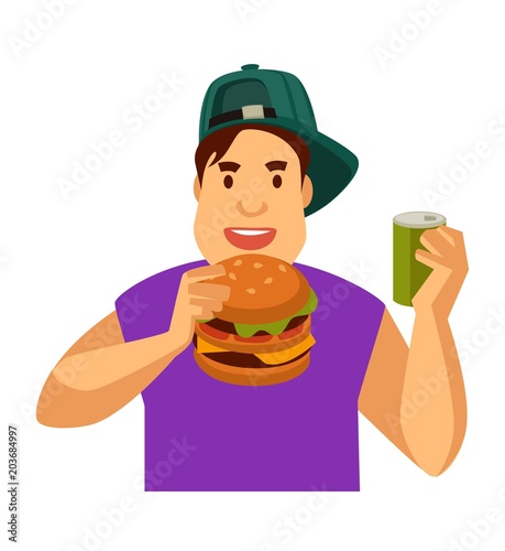 Young guy eats fast food and drinks soda in can