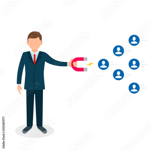 Man use magnet to attract customer people employee, human resources or workers. Vector illustration. Business concept