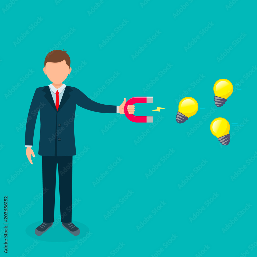 Businessman with magnet attracting light bulb, vector business illustration Businessman with magnet attracting light bulb, vector business illustration