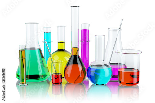 Laboratory glassware test glass flasks and tubes with solution isolated on white background. Science chemistry and research concept.