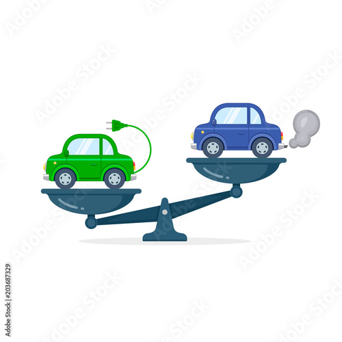 Electric car versus gasoline and diesel car on scales flat color illustration. Comparison between electric environmentally friendly and gas polluting car