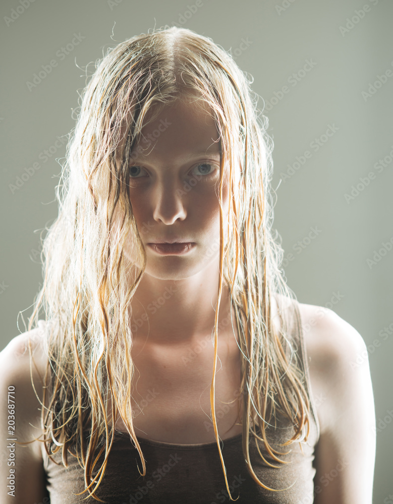 Albino Woman With Wet Blond Long Hair