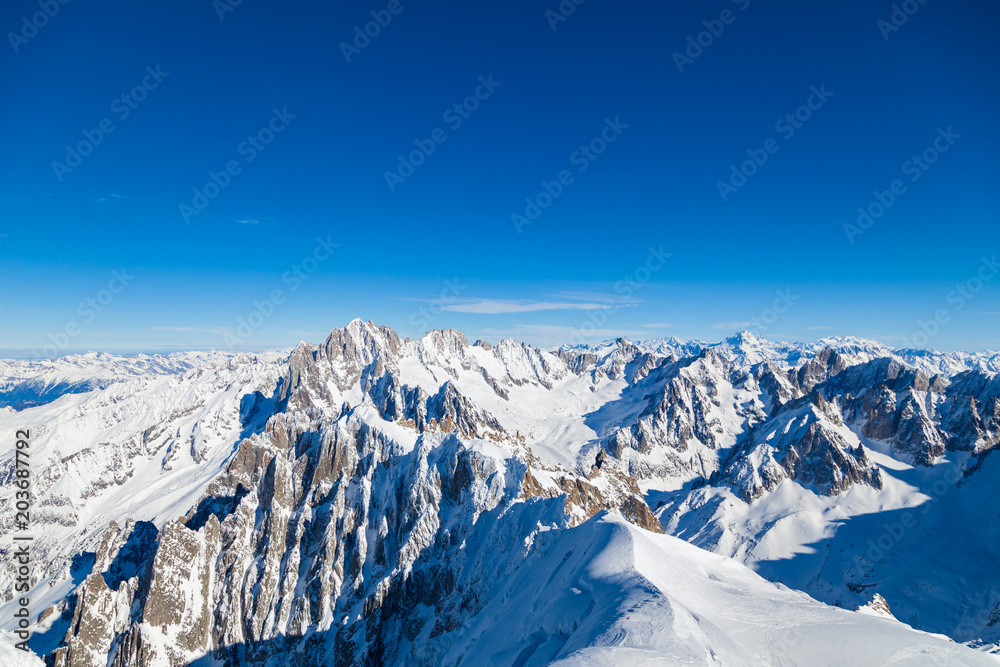 Picturesque view snowy mountain peaks panorama, Mont Blanc, Chamonix, Upper Savoy Alps, France Picturesque view snowy mountain peaks panorama, Mont Blanc, Chamonix, Upper Savoy Alps, France
