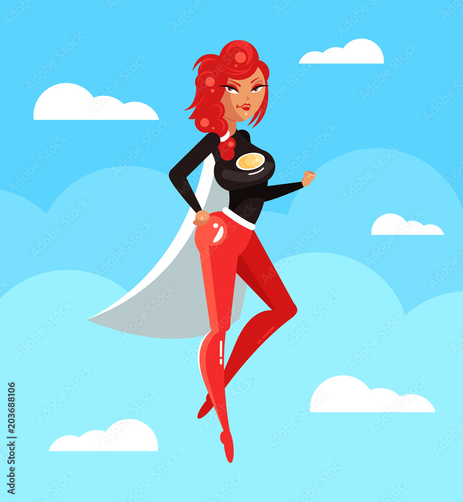 Strong happy smiling woman superhero fly in sky. Super girl concept element. Vector flat cartoon isolated design graphic illustration
