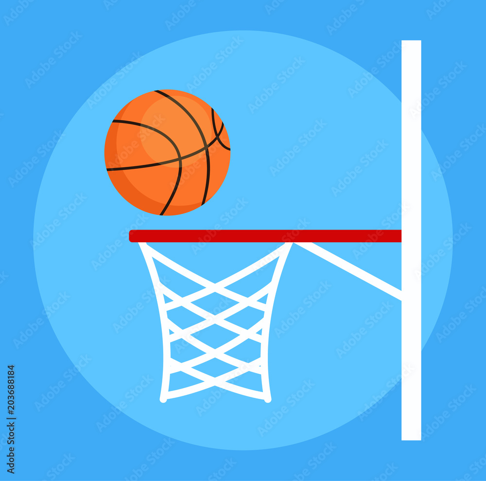 Basketball ball falls into basket net. Sport play game. Vector flat cartoon isolated design graphic illustration