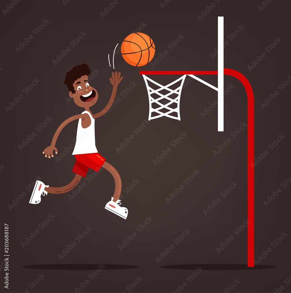 Basketball player african american man character scores ball into basket. Sport play game. Vector flat cartoon isolated design graphic illustration
