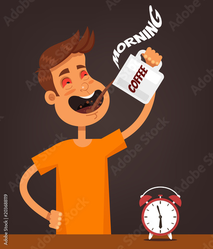 Sad tired sleepy red eyes office worker man character holding mug coffee and drinking. Hard early morning concept elements. Vector flat cartoon isolated design graphic illustration