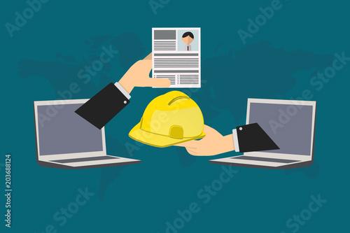 Job search. A man sends resume online to a company that offers an engineering position. Represented by two hands coming out of computers.