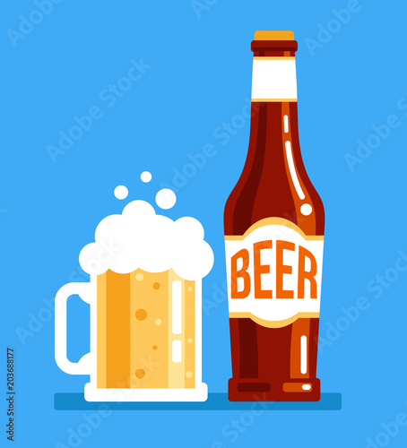 Bottle and mug of fresh tasty dark white beer. Alcohol pub holiday elements. Vector flat cartoon isolated design graphic illustration