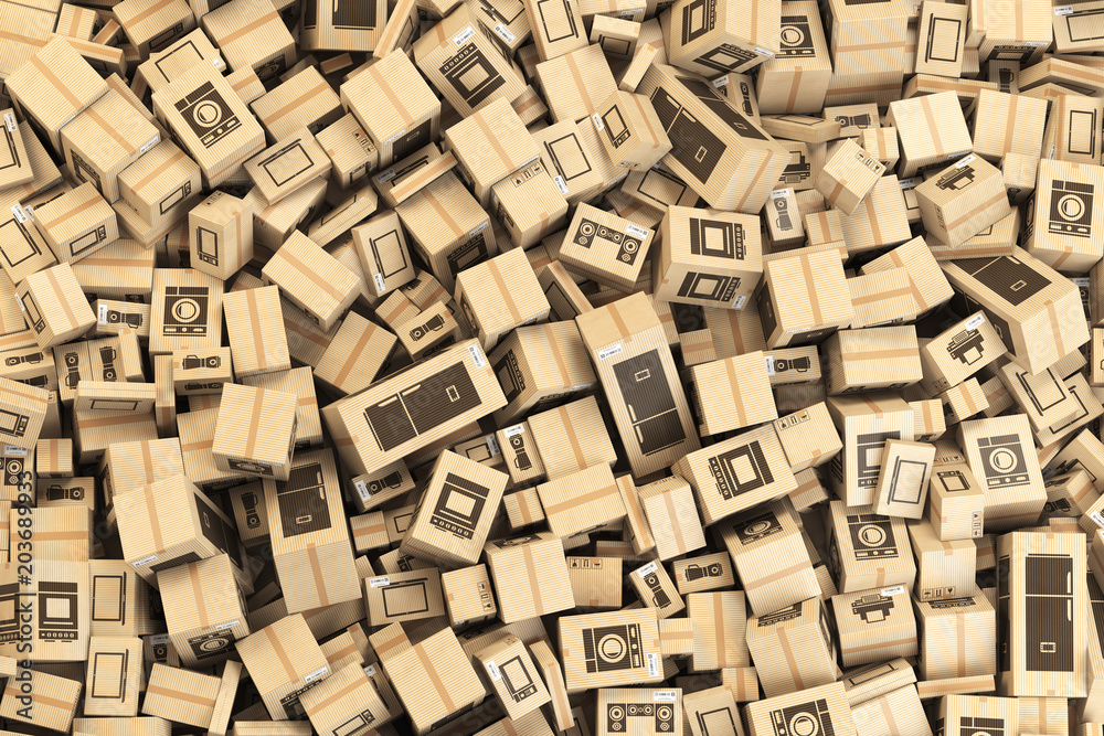 Background from cardboard boxes with household kitchen appliances and home technics. E-commerce, internet online shopping and delivery concept. Background from cardboard boxes with household kitchen appliances and home technics. E-commerce, internet online shopping and delivery concept.