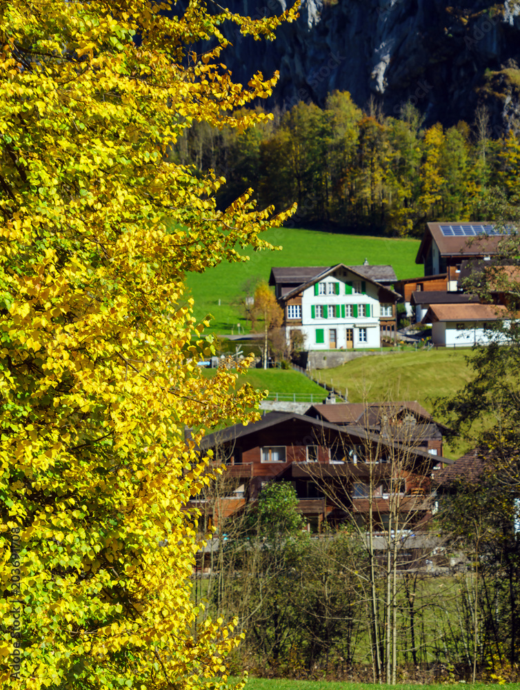 Traditional Chalets of village in Lauterbrunnen Valley, Bernese Highlands, Switzerland