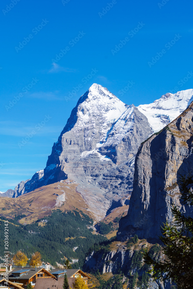 The Eiger mountain of the Bernese Alps in the Bernese Oberland of Switzerland