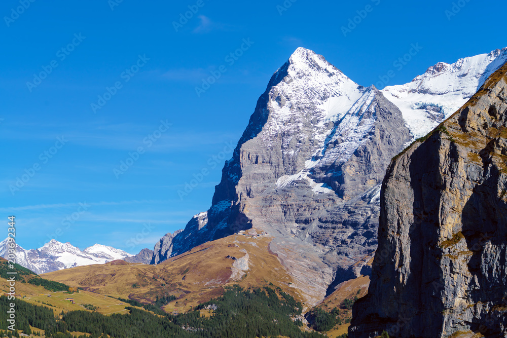 The Eiger mountain of the Bernese Alps in the Bernese Oberland of Switzerland