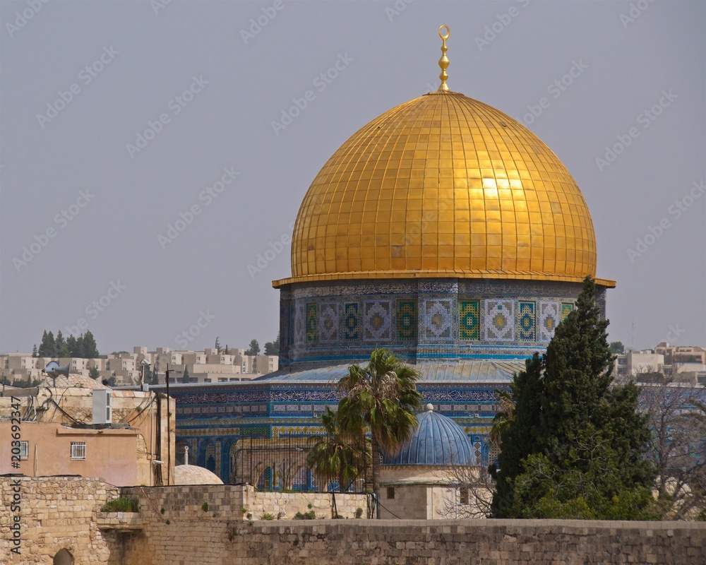 Dome of the Rock is an Islamic shrine located on the Temple Mount in the Old City of Jerusalem, Israel