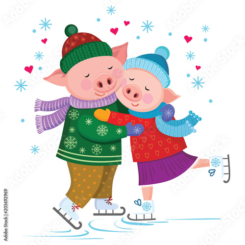 Cute loving pigs in scarves and hats hugging skating, vector illustration isolated on white background photo