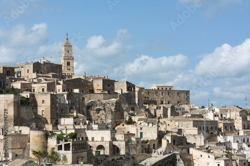 Horizontal View of the City of Matera and the Sassi on Blue Sky Background