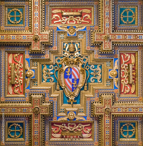 Pope Pius IX coat of arms in the Basilica of Santa Maria in Trastevere in Rome, Italy.