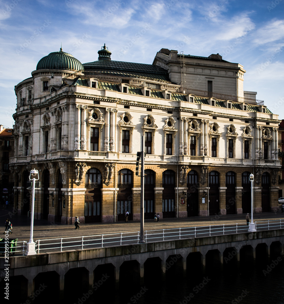 Fototapeta premium Famous Arriaga Theatre at sunset over blue sky background in Bilbao city. European popular landmark