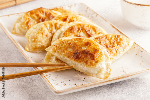 Plate of asian gyoza, dumplings snack.