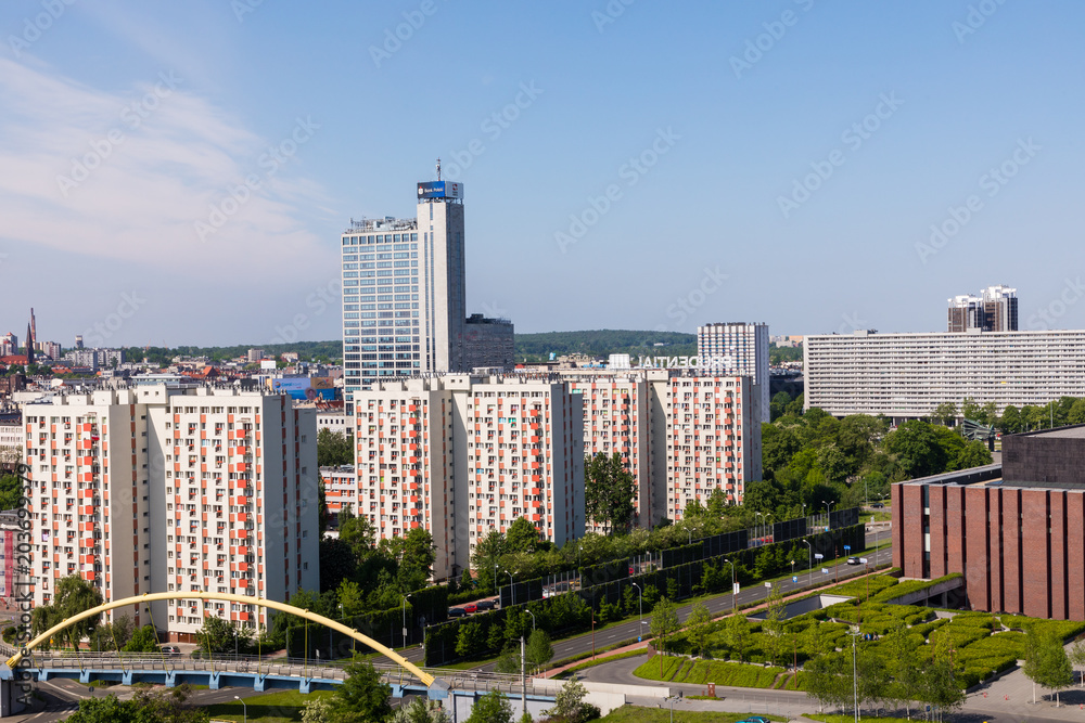 Fototapeta premium Altus tower in Katowice, Poland. The 125 m tall hotel and office building is the 14th tallest in Poland (2014).