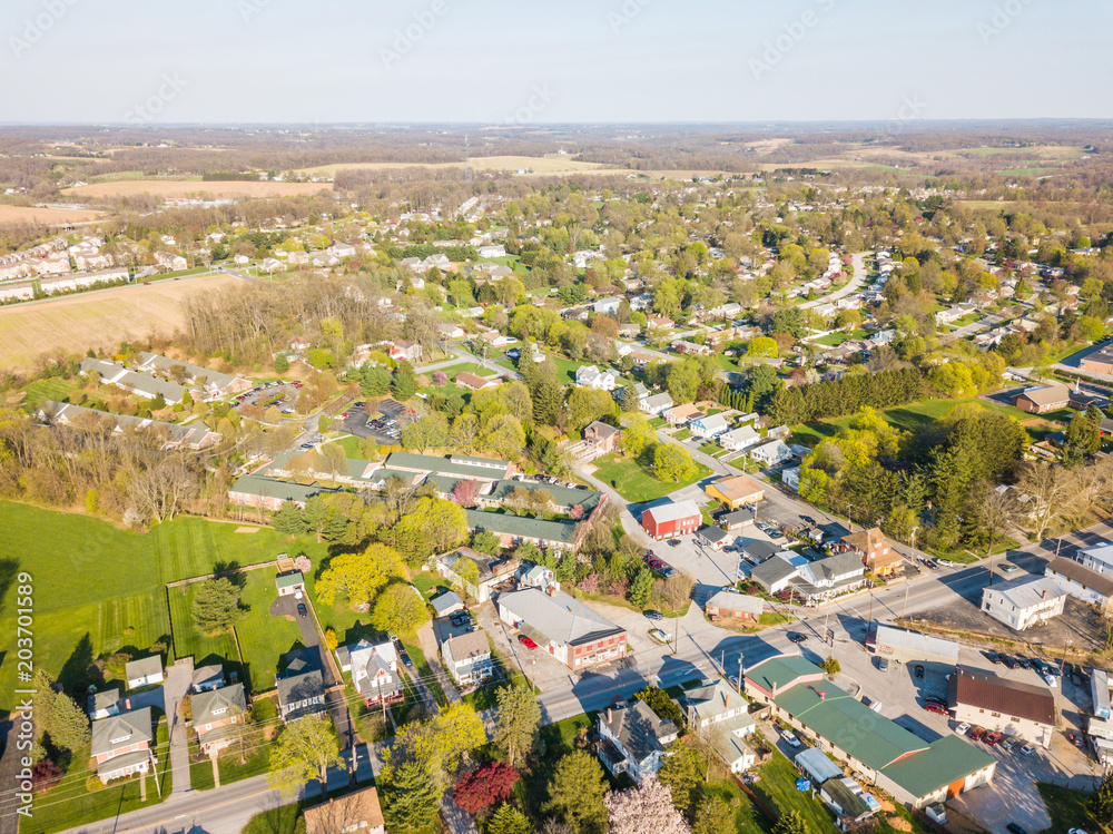 Aerial of the Small Town surrounded by farmland in Shrewsbury, Pennsylvania