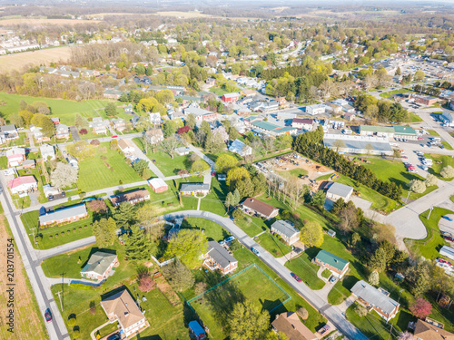 Aerial of the Small Town surrounded by farmland in Shrewsbury, Pennsylvania