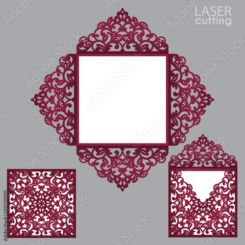 Laser cut square envelope with patterned corners, Template for wedding invitation card. Cutout paper four fold card for laser cutting or die cutting. Suitable for greeting cards, invitations, menus.