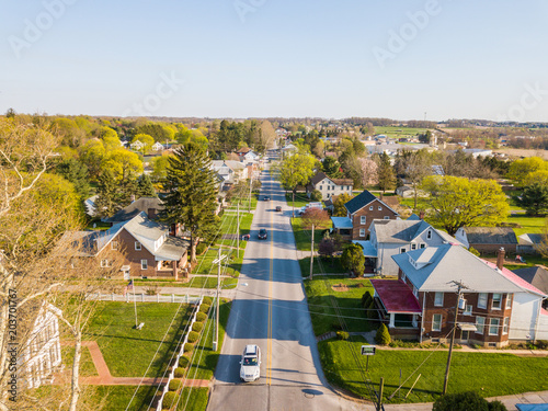 Aerial of the Small Town surrounded by farmland in Shrewsbury, Pennsylvania