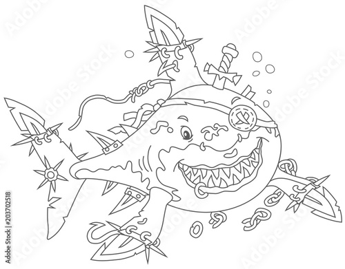 Perfidiously smiling Great White Shark Pirate with fins sabers attacking, black and white vector illustrations in a cartoon style for a coloring book photo