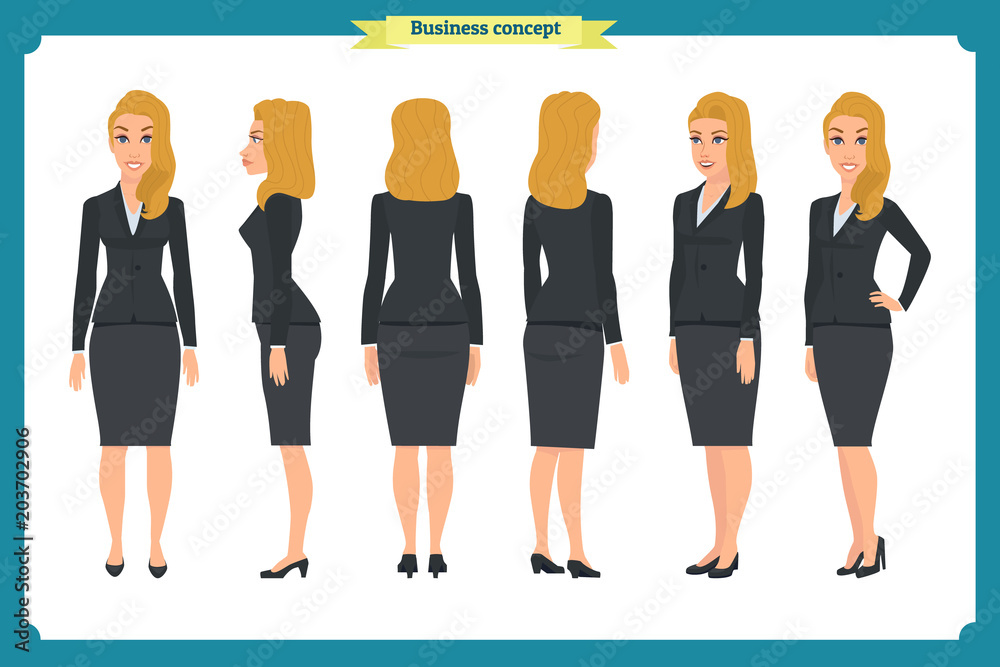 Obraz premium Set of Businesswoman character design.Front, side, back.Business girl, woman. Cartoon style, flat vector isolated.