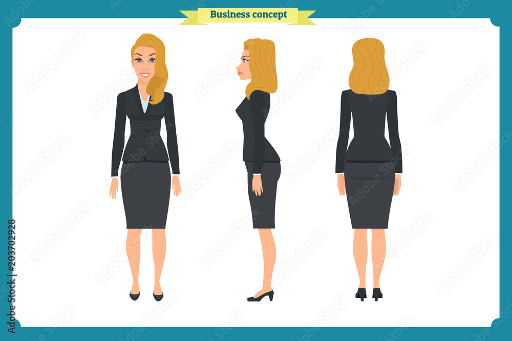 Set of Businesswoman character design.Front, side, back.Business girl, woman. Cartoon style, flat vector isolated. Set of Businesswoman character design.Front, side, back.Business girl, woman. Cartoon style, flat vector isolated.