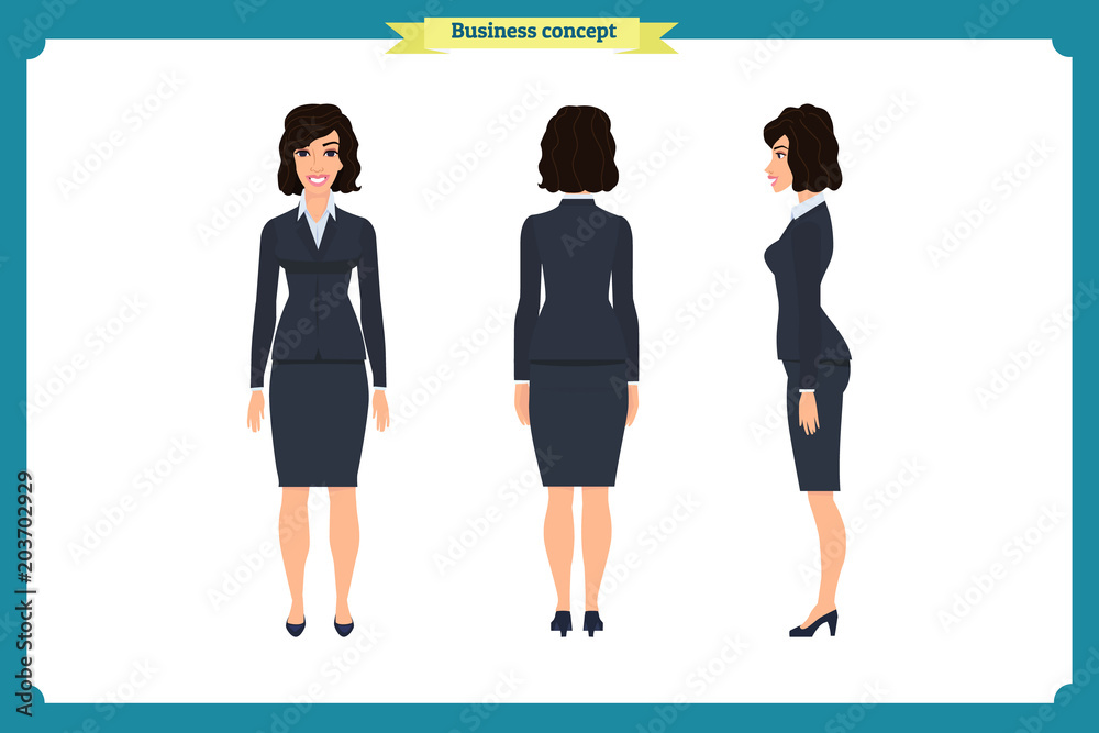 Obraz premium Set of Businesswoman character design.Front, side, back.Business girl, woman. Cartoon style, flat vector isolated.
