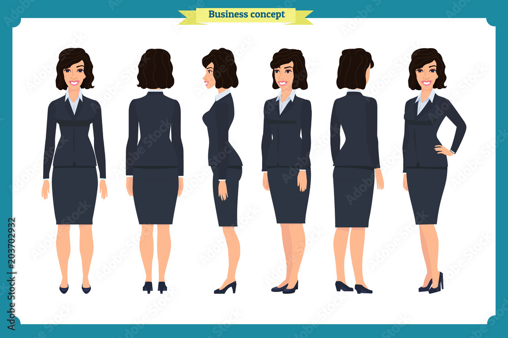 Obraz premium Set of Businesswoman character design.Front, side, back.Business girl, woman. Cartoon style, flat vector isolated.