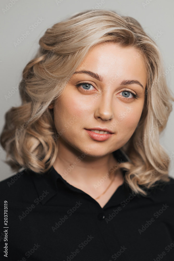 Portrait of young Caucasian blonde girl with Nude makeup with clean skin Portrait of young Caucasian blonde girl with Nude makeup with clean skin