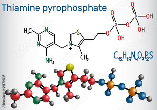 Thiamine pyrophosphate (TPP, thiamine diphosphate), is a cofactor that is present in all living systems.  Structural chemical formula and molecule model