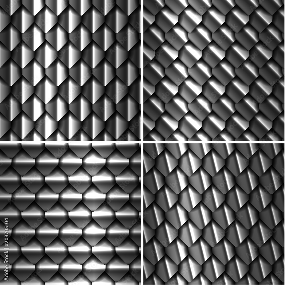 Set of four seamless metallic backgrounds with glossy silver pattern