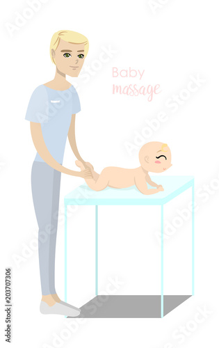 Baby massage for children. Flat isolated vector illustration. Blonde masseur in blue uniform doing massage for little girl