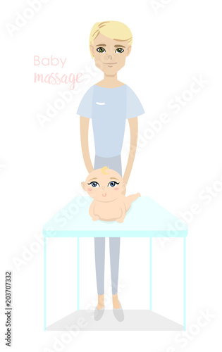 Baby massage for children. Flat isolated vector illustration. Blonde masseur in blue uniform doing massage for little girl