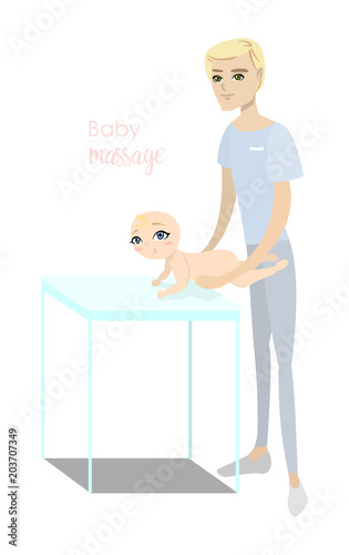 Baby massage for children. Flat isolated vector illustration. Blonde masseur in blue uniform doing massage for little girl