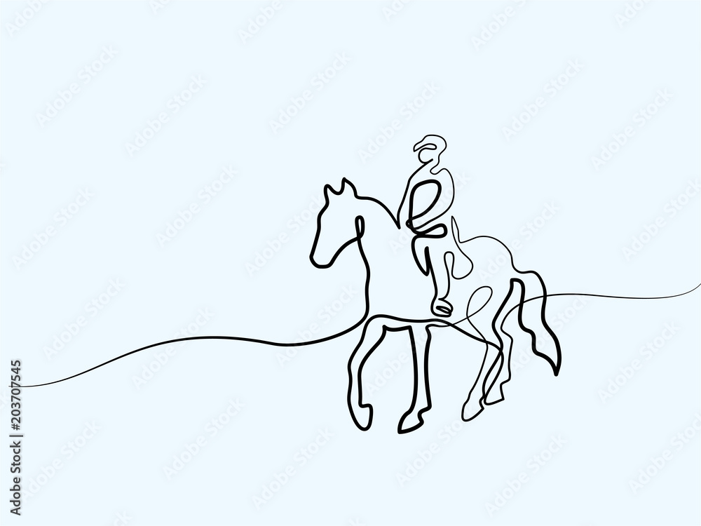 Naklejka Ciągły jeden rysunek linii. Koń i jeździec na logo konia. Ilustracja wektorowa czarno-białe. Koncepcja logo, karty, banera, plakatu, ulotki