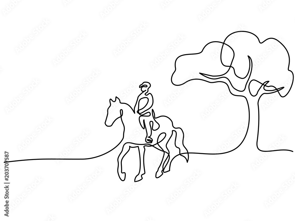 Continuous one line drawing. Horse and rider on horseback under tree ...