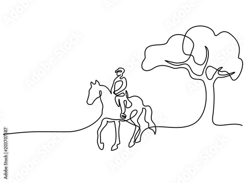 Continuous one line drawing. Horse and rider on horseback under tree. Black and white vector illustration. Concept for logo, card, banner, poster, flyer