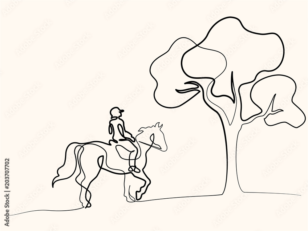 Continuous one line drawing. Horse and rider on horseback under tree ...