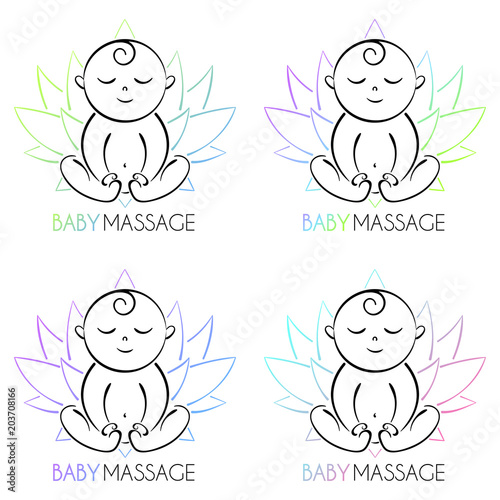 Logo baby and lotus isolated on the white background. The child is sitting. Text baby massage.