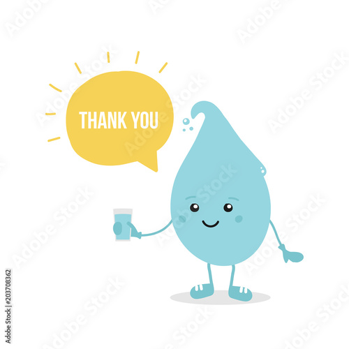 Cute cartoon water drop character holding glass of water in hand and saying thank you.